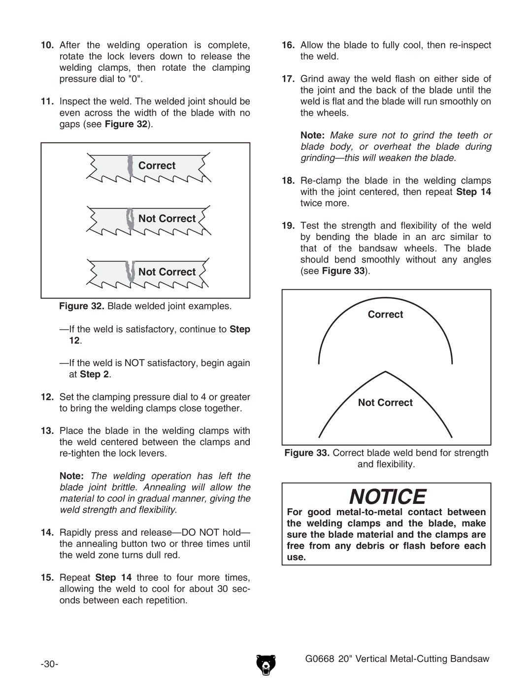 Grizzly G0668 owner manual Correct blade weld bend for strength Flexibility 