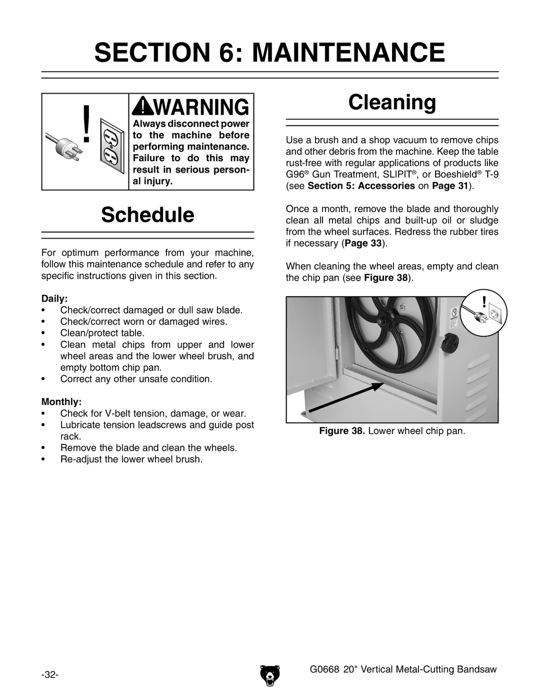 Grizzly G0668 owner manual Maintenance, Schedule, Cleaning, Daily, Monthly 