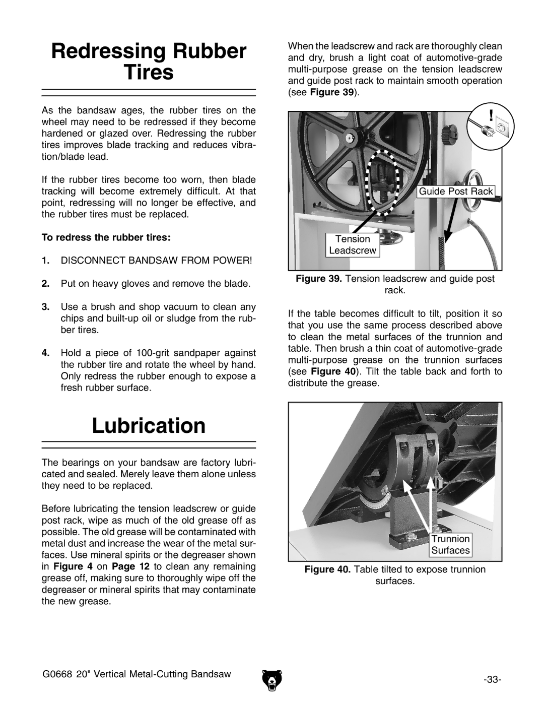 Grizzly G0668 owner manual Redressing Rubber Tires, Lubrication, To redress the rubber tires 