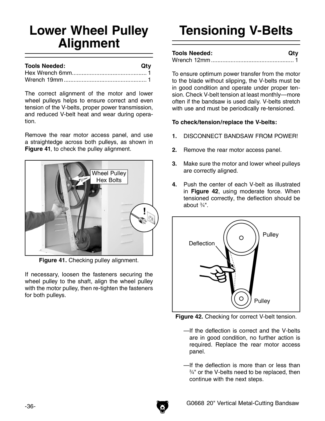 Grizzly G0668 Lower Wheel Pulley Alignment, Tensioning V-Belts, Tools Needed Qty, To check/tension/replace the V-belts 