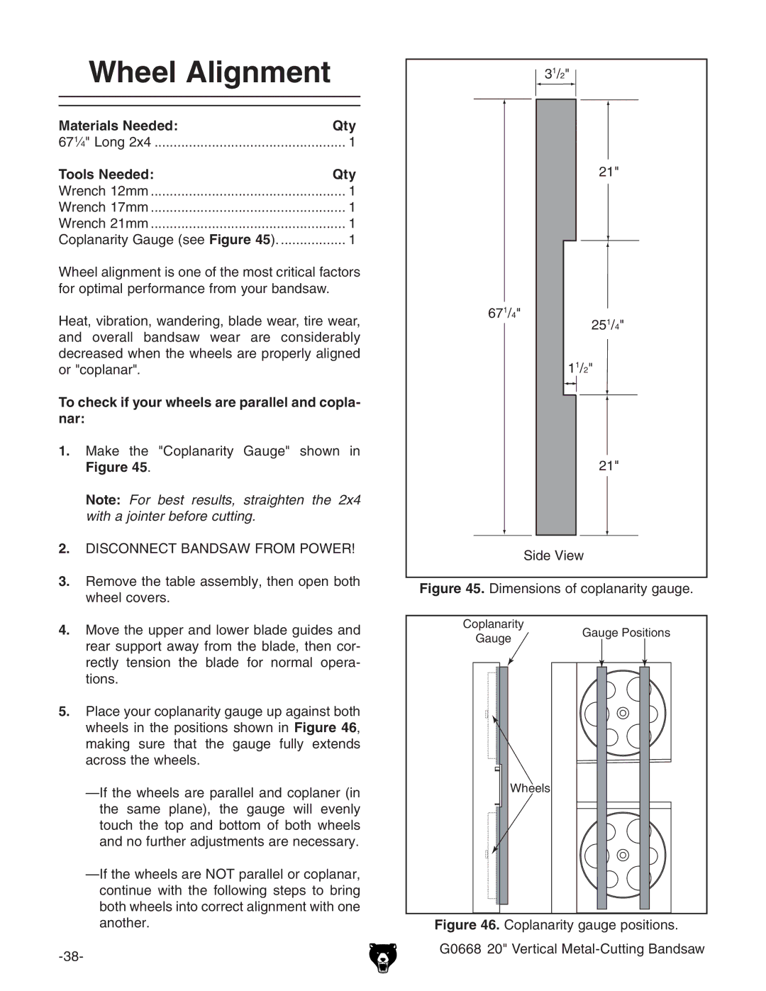 Grizzly G0668 owner manual Wheel Alignment, Materials Needed Qty, To check if your wheels are parallel and copla- nar 