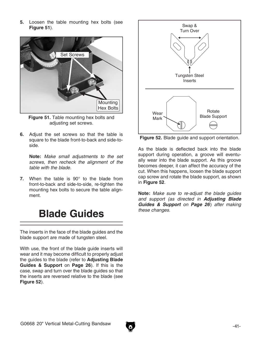 Grizzly G0668 owner manual Blade Guides 