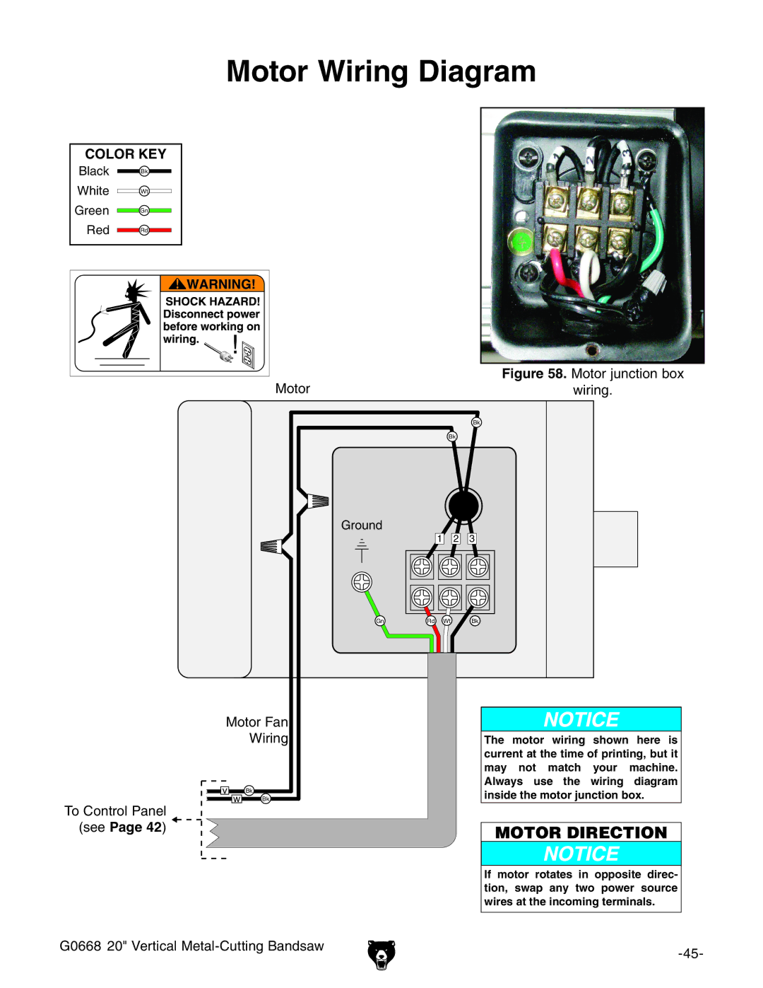 Grizzly G0668 owner manual Motor Wiring Diagram, See 