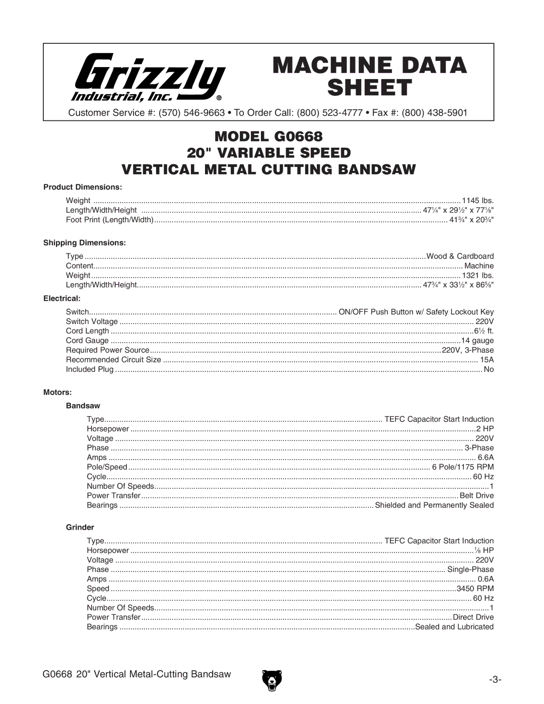 Grizzly G0668 owner manual Machine Data Sheet 