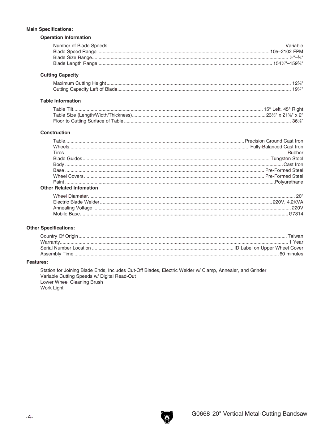 Grizzly owner manual G0668 20 Vertical Metal-Cutting Bandsaw 