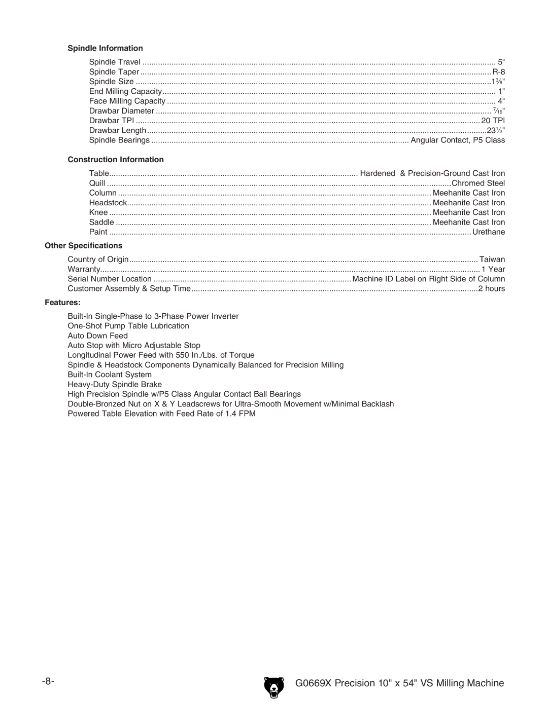 Grizzly g0669X owner manual Spindle Information 