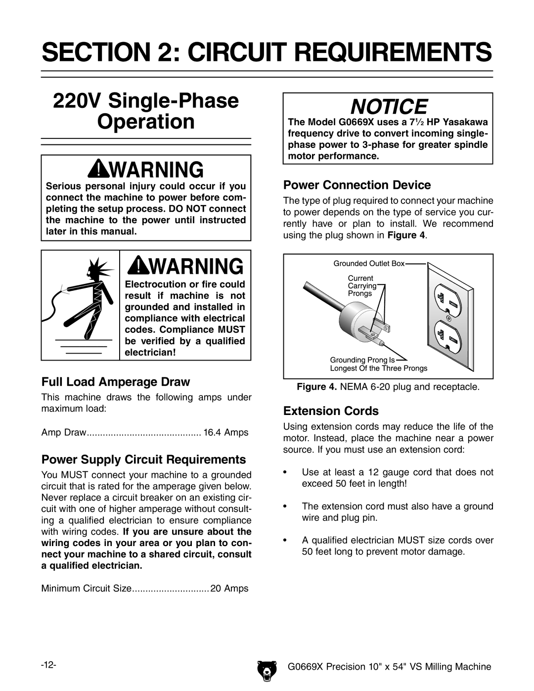 Grizzly g0669X owner manual Circuit Requirements, 220V Single-Phase Operation 