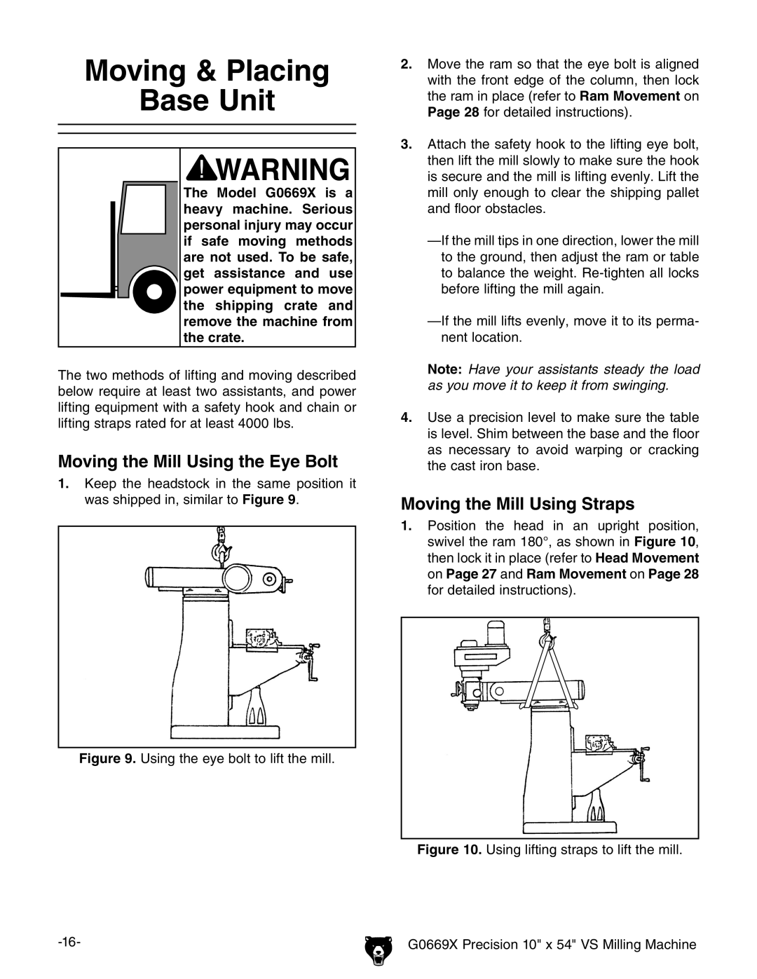 Grizzly g0669X owner manual Moving & Placing Base Unit, Moving the Mill Using the Eye Bolt, Moving the Mill Using Straps 