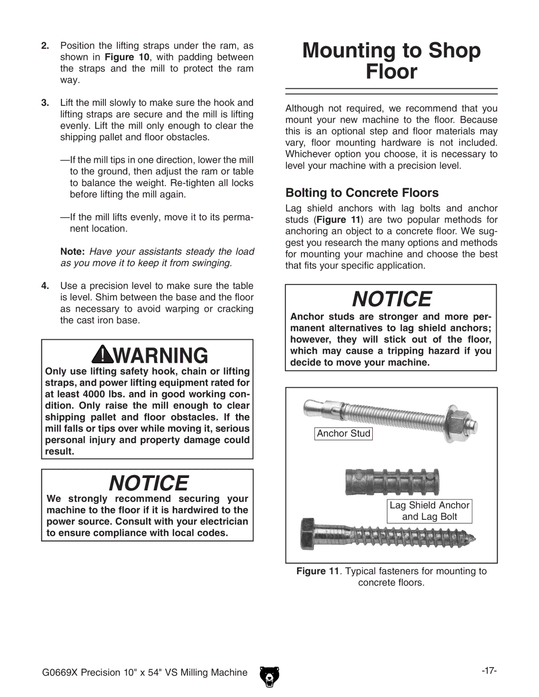 Grizzly g0669X owner manual Mounting to Shop Floor, Bolting to Concrete Floors 