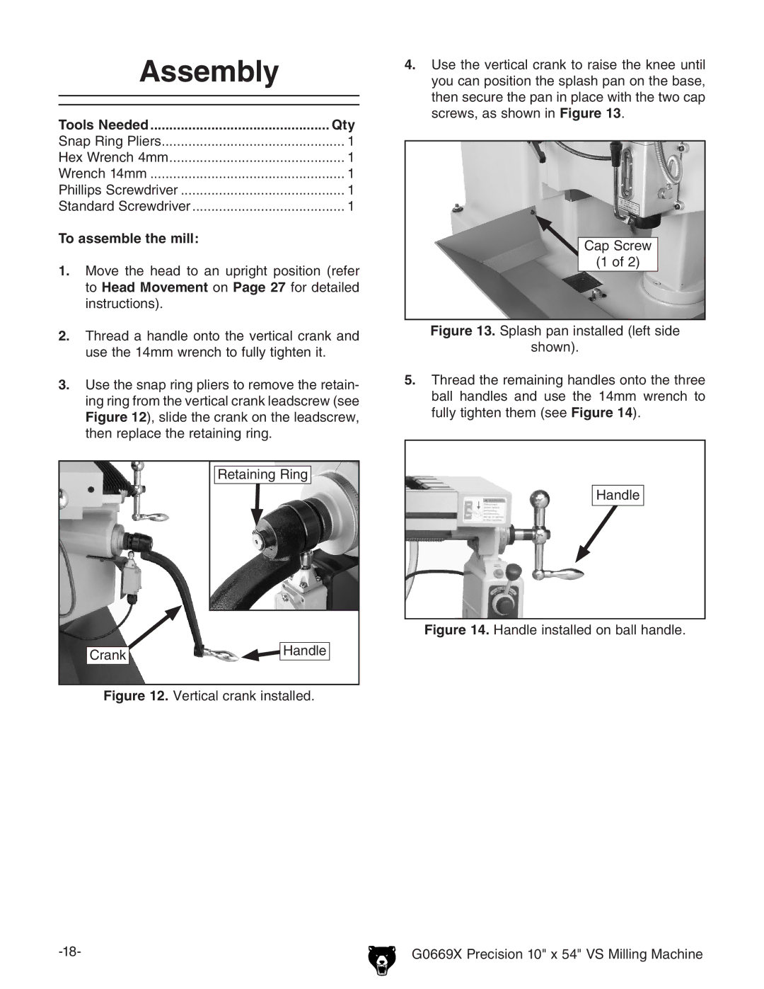 Grizzly g0669X owner manual Assembly, Tools Needed Qty, To assemble the mill 