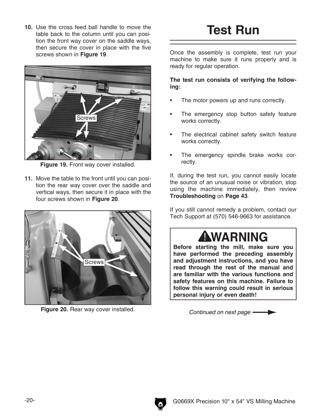 Grizzly g0669X owner manual Test Run, Test run consists of verifying the follow- ing 