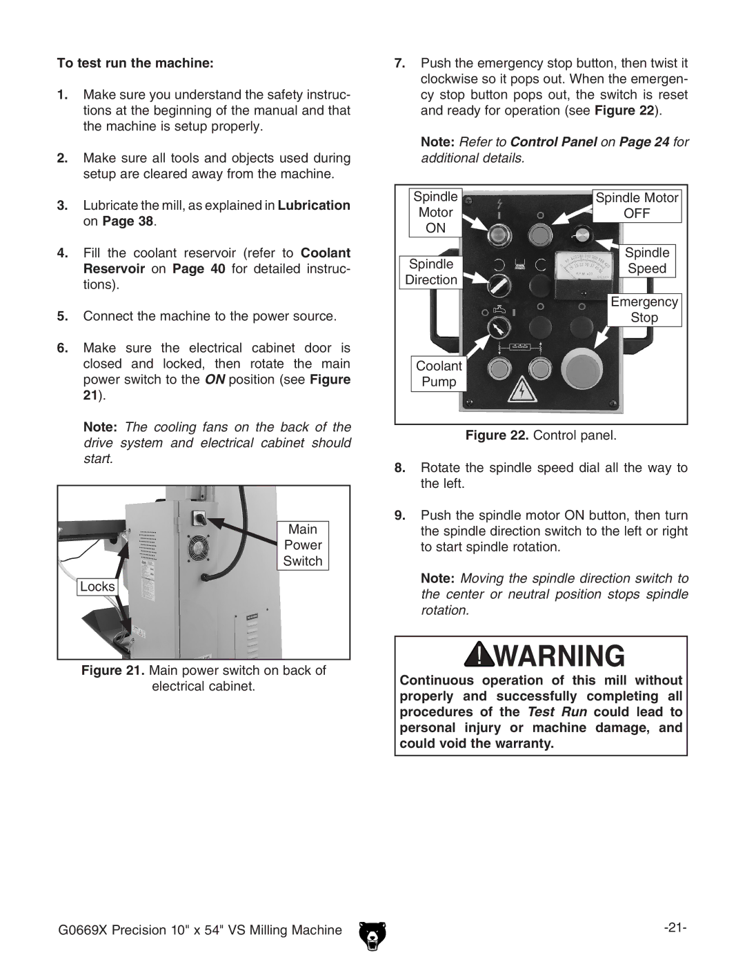 Grizzly g0669X owner manual To test run the machine 