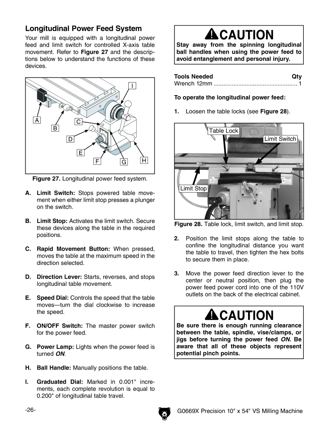 Grizzly g0669X owner manual Longitudinal Power Feed System, To operate the longitudinal power feed 