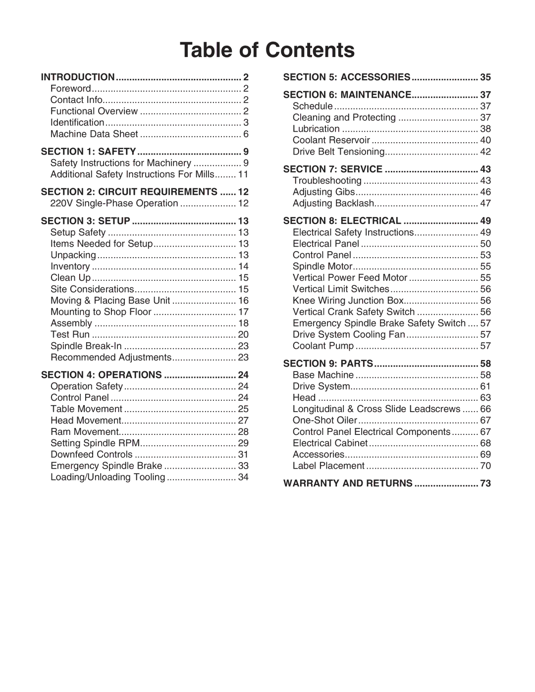 Grizzly g0669X owner manual Table of Contents 