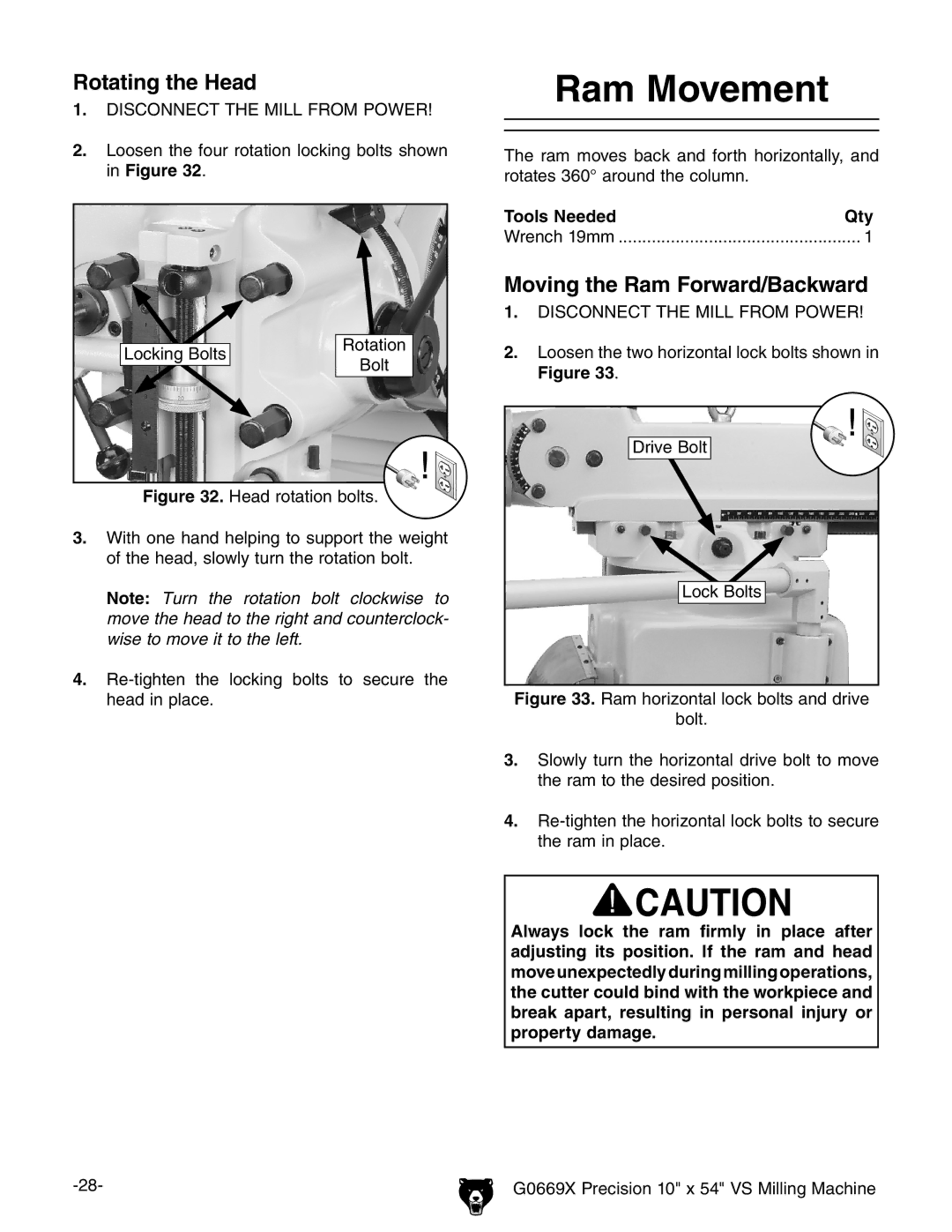 Grizzly g0669X owner manual Ram Movement, Rotating the Head, Moving the Ram Forward/Backward 