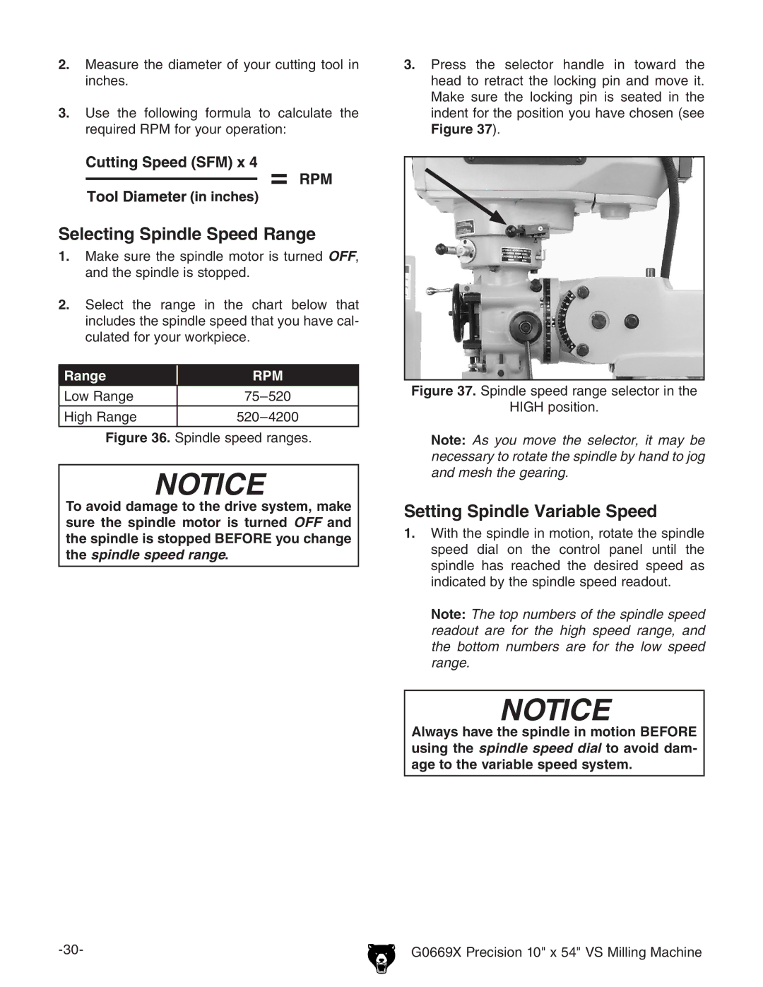 Grizzly g0669X owner manual Selecting Spindle Speed Range, Setting Spindle Variable Speed 