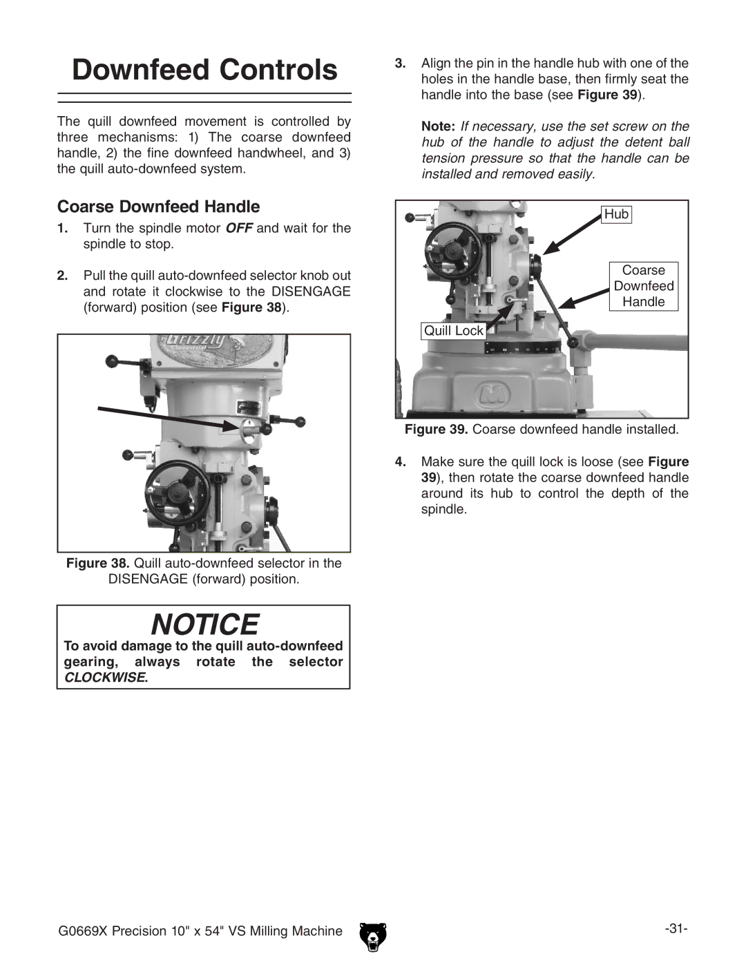 Grizzly g0669X owner manual Downfeed Controls, Coarse Downfeed Handle 