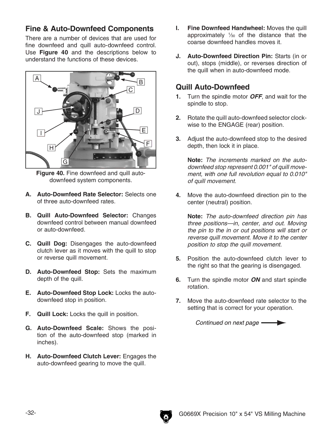 Grizzly g0669X owner manual Fine & Auto-Downfeed Components, Quill Auto-Downfeed 