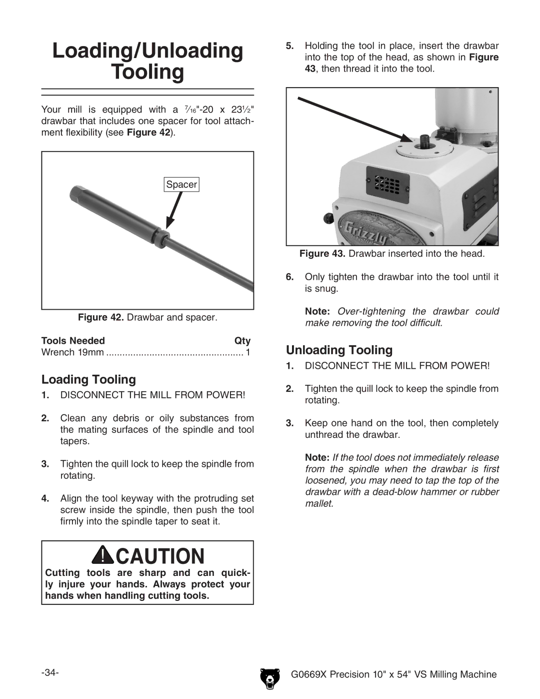 Grizzly g0669X owner manual Loading/Unloading Tooling, Loading Tooling 