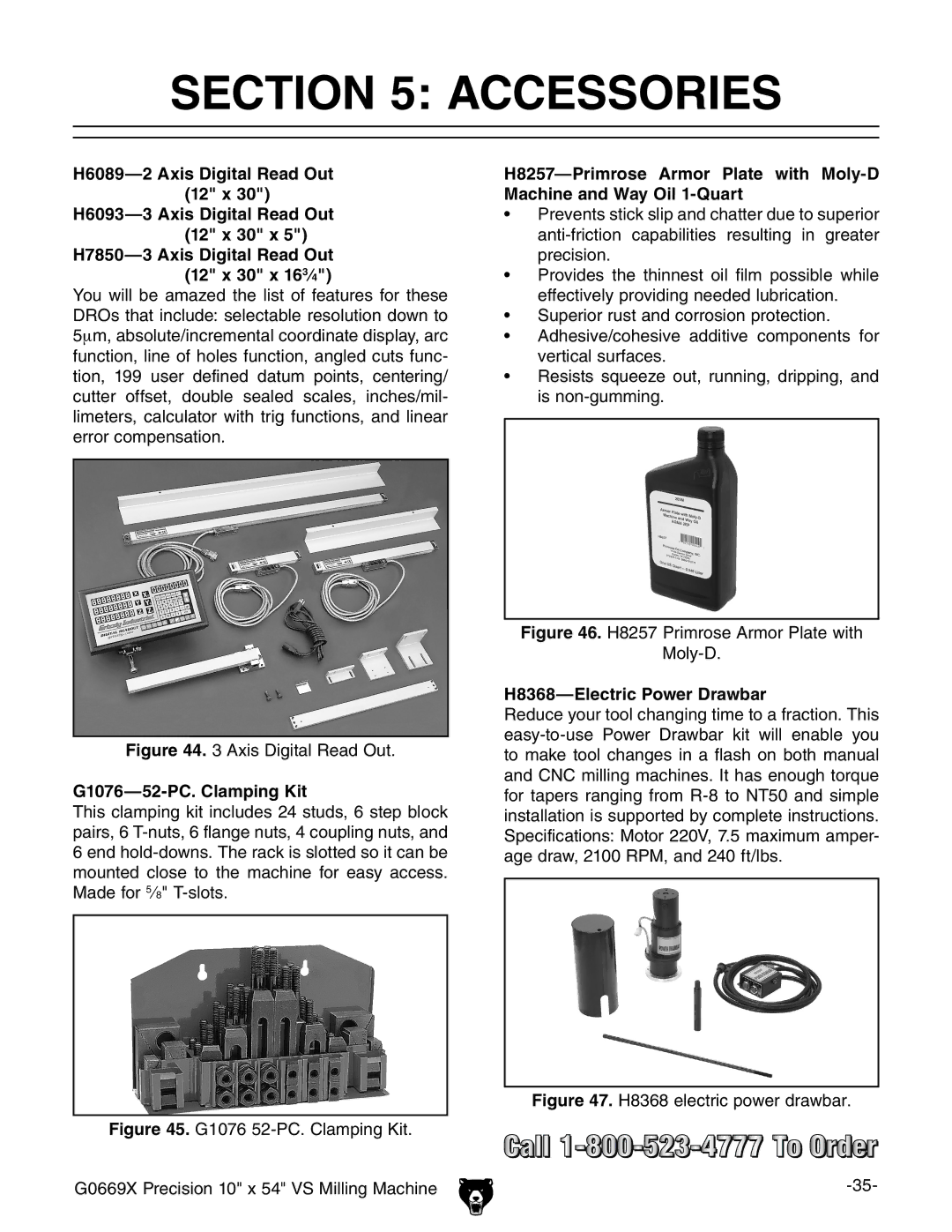 Grizzly g0669X owner manual Accessories, G1076-52-PC. Clamping Kit, H8368-Electric Power Drawbar 