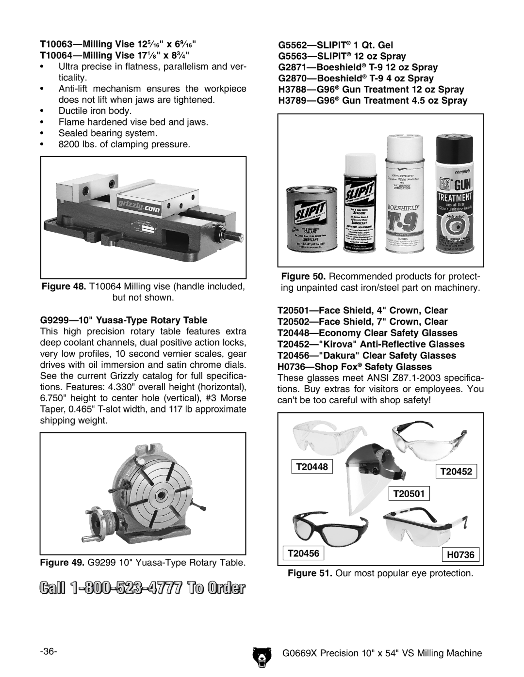 Grizzly g0669X owner manual G9299-10 Yuasa-Type Rotary Table, T20448T20452 T20501 T20456 H0736 