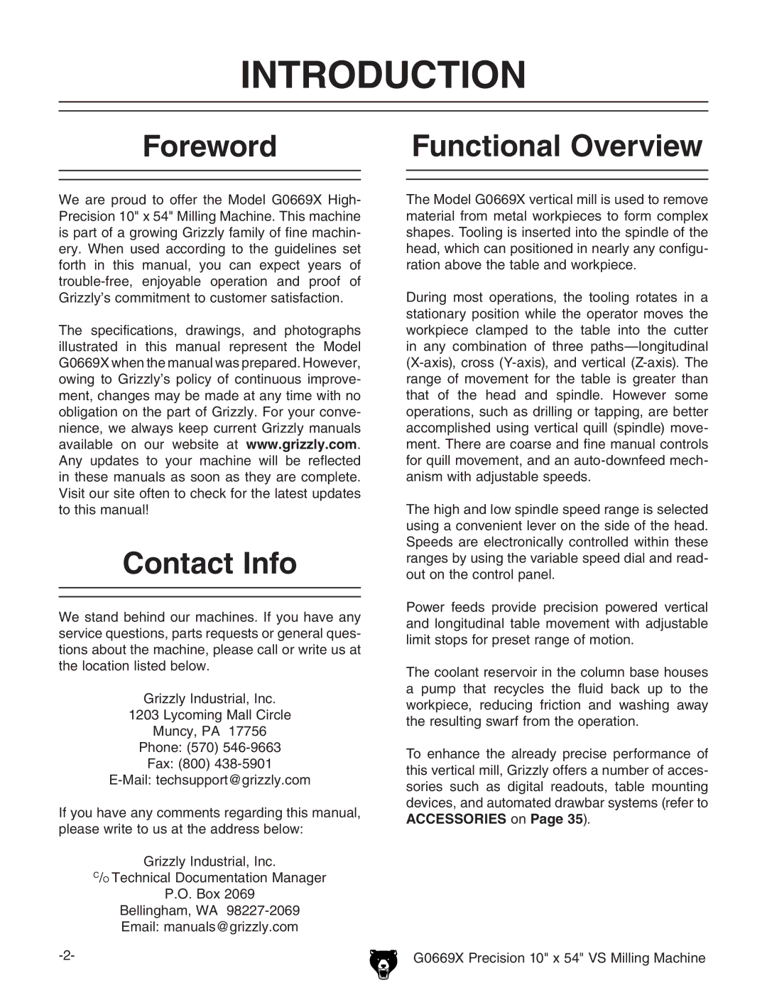 Grizzly g0669X owner manual Introduction, Foreword Functional Overview, Contact Info 