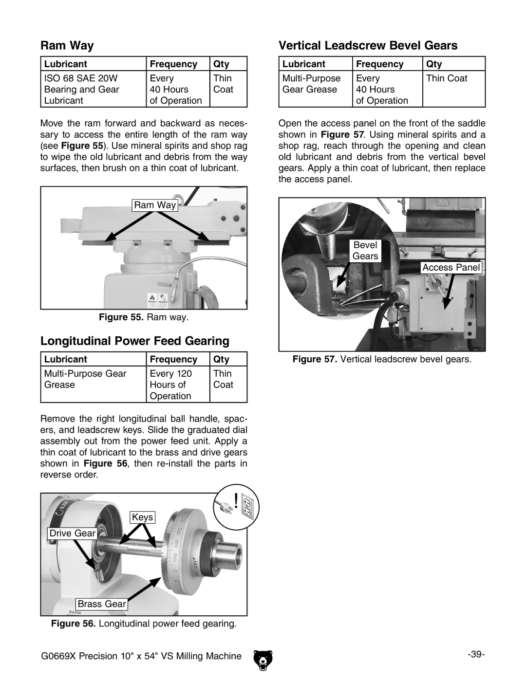 Grizzly g0669X owner manual Ram Way, Longitudinal Power Feed Gearing, Vertical Leadscrew Bevel Gears 