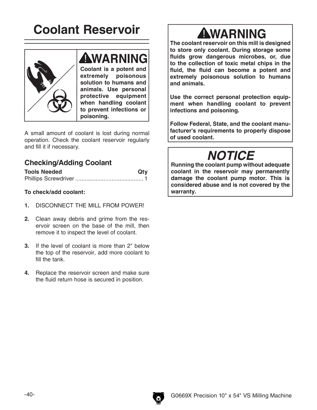 Grizzly g0669X owner manual Coolant Reservoir, Checking/Adding Coolant, To check/add coolant 