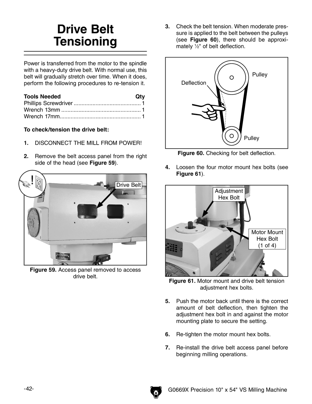 Grizzly g0669X owner manual Drive Belt Tensioning, To check/tension the drive belt 