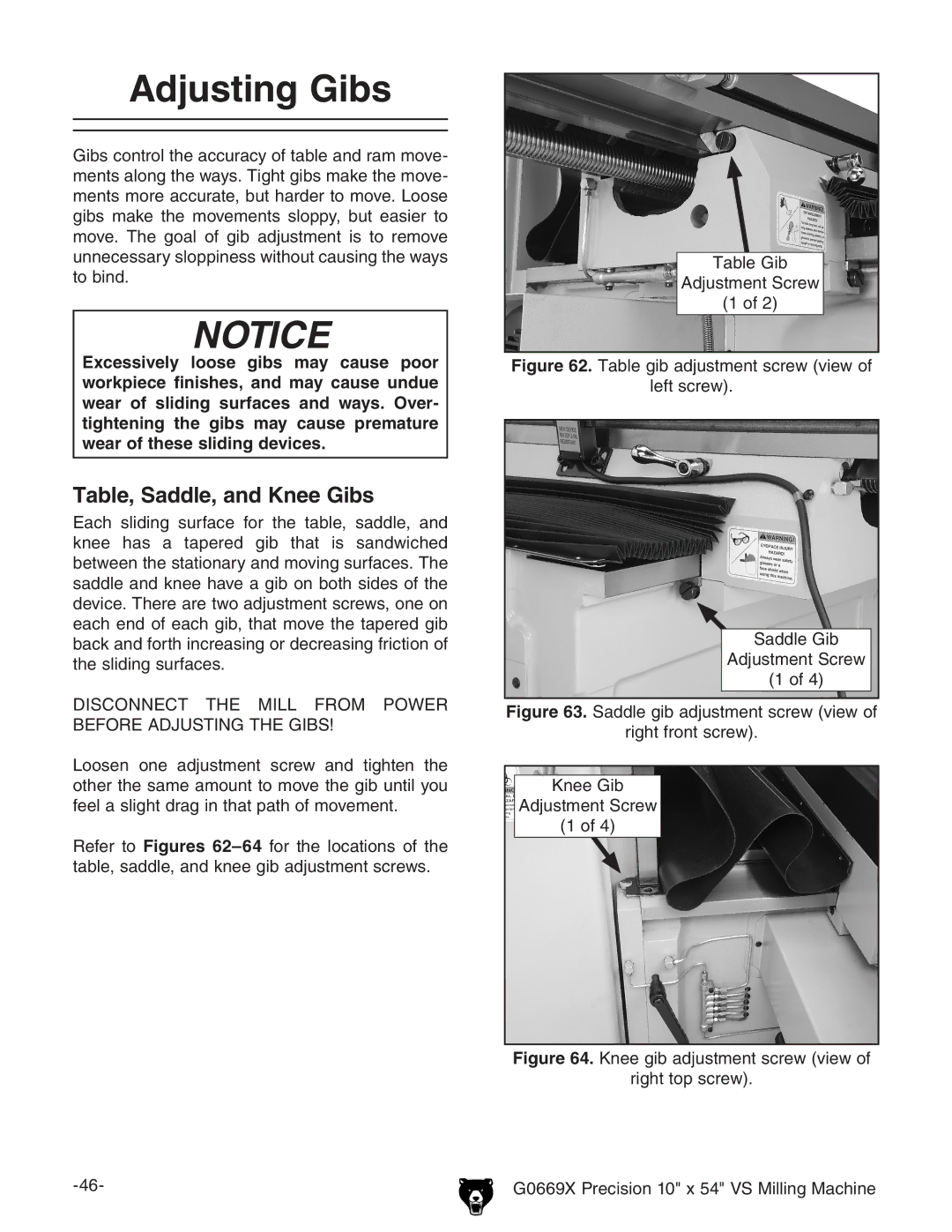 Grizzly g0669X owner manual Adjusting Gibs, Table, Saddle, and Knee Gibs 