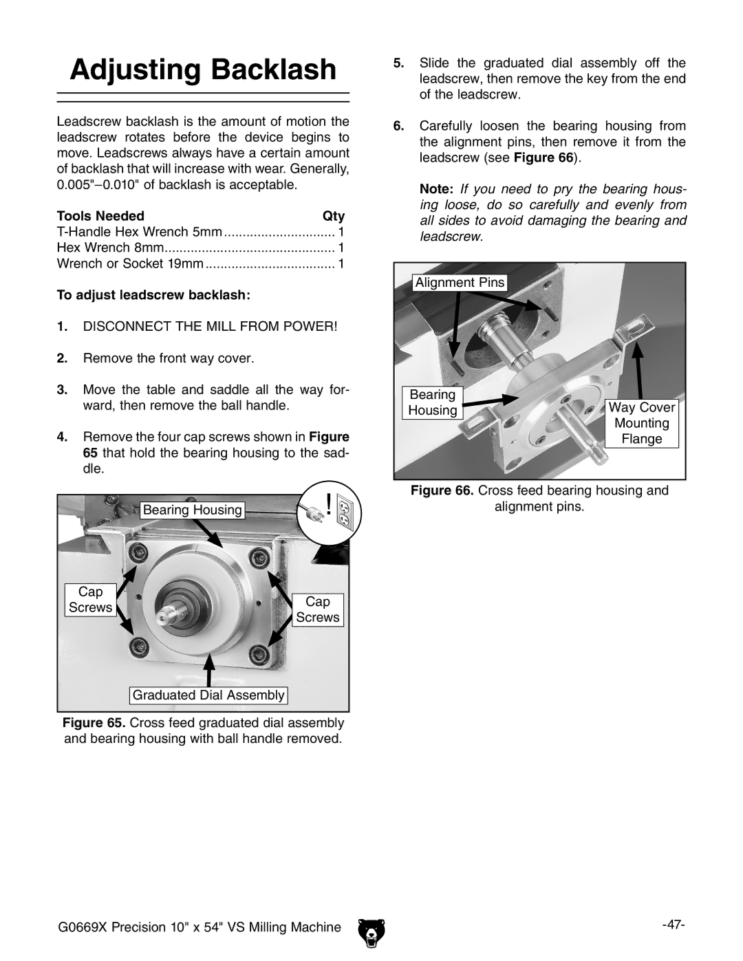 Grizzly g0669X owner manual Adjusting Backlash, To adjust leadscrew backlash 