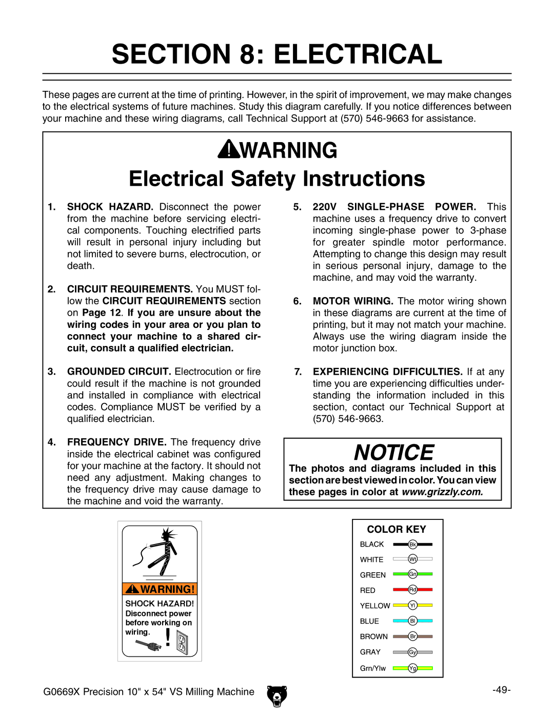 Grizzly g0669X owner manual Electrical Safety Instructions, G0669X Precision 10 x 54 VS Milling Machine 