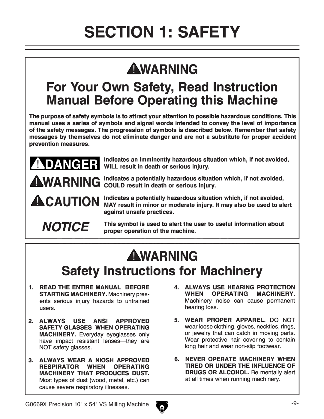 Grizzly g0669X owner manual 3%#4/..3!&%49, Safety Instructions for Machinery, 3AFETYYNSTRUCTIONSSFORR-ACHINERY 