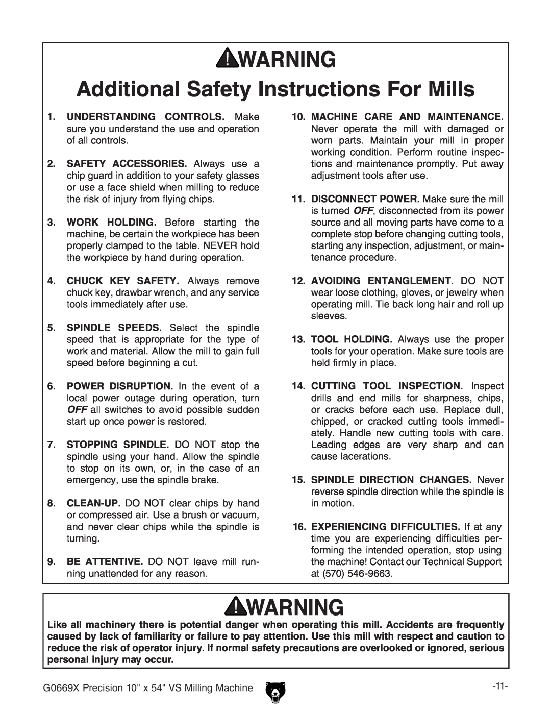 Grizzly g0669X owner manual Additional Safety Instructions For Mills, Machine Care And Maintenance 