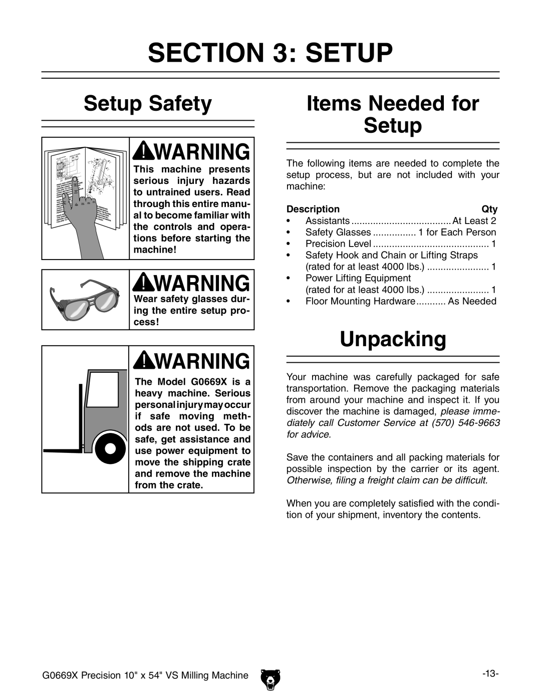 Grizzly g0669X owner manual Setup Safety, Items Needed for Setup, Unpacking, Description 