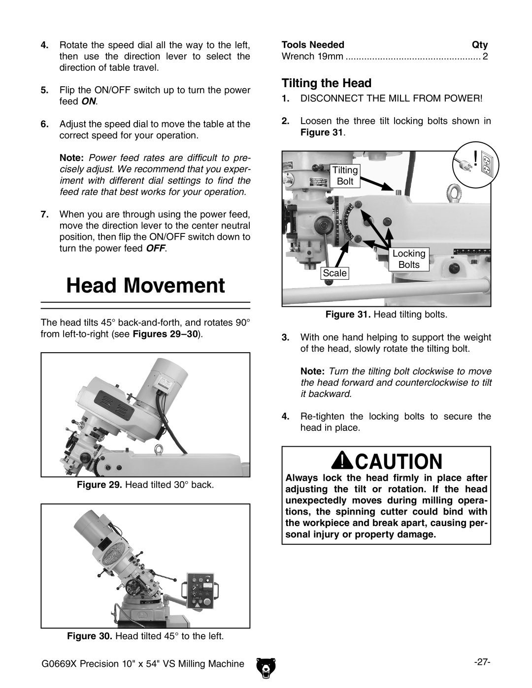 Grizzly g0669X owner manual Head Movement, Tilting the Head, Tools Needed 