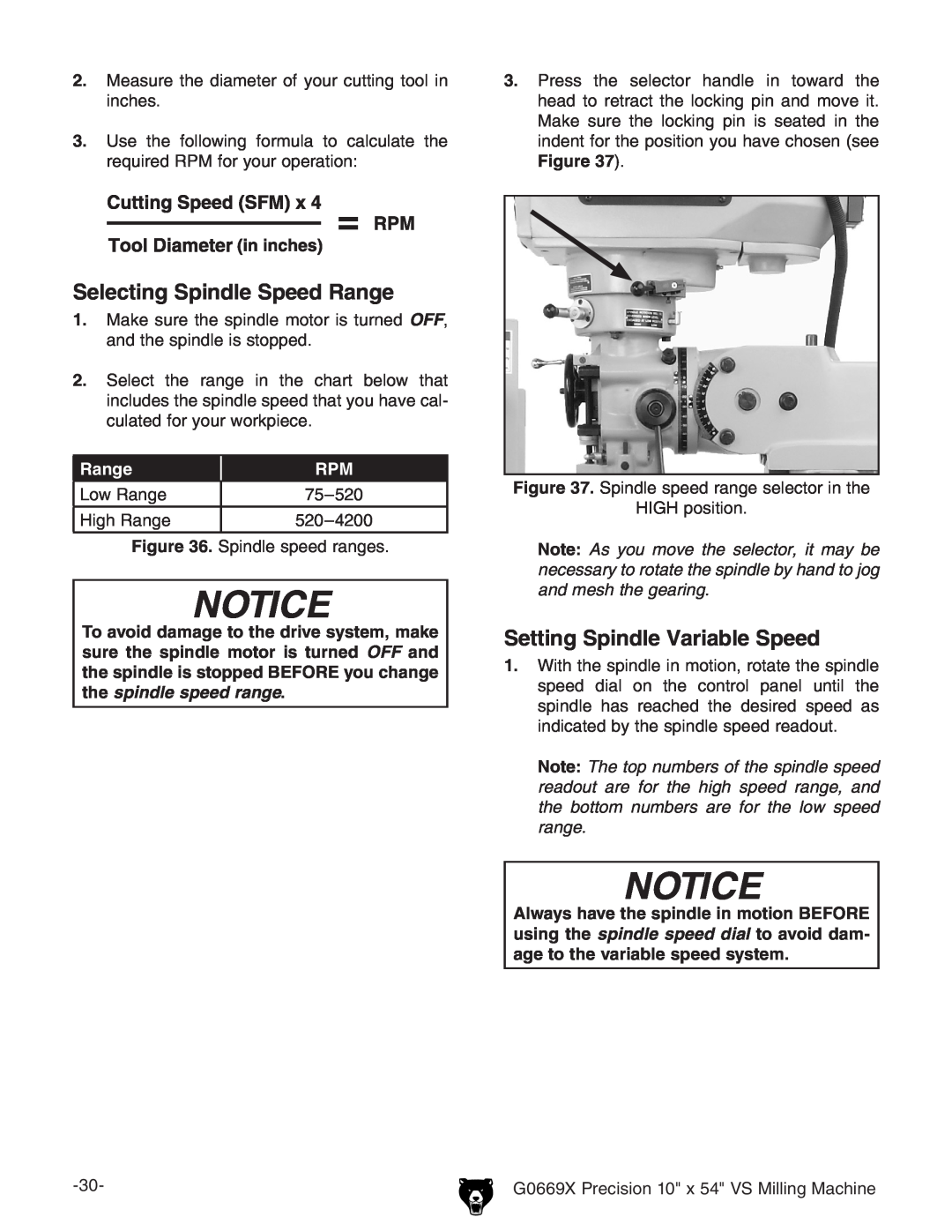 Grizzly g0669X owner manual Selecting Spindle Speed Range, Setting Spindle Variable Speed 
