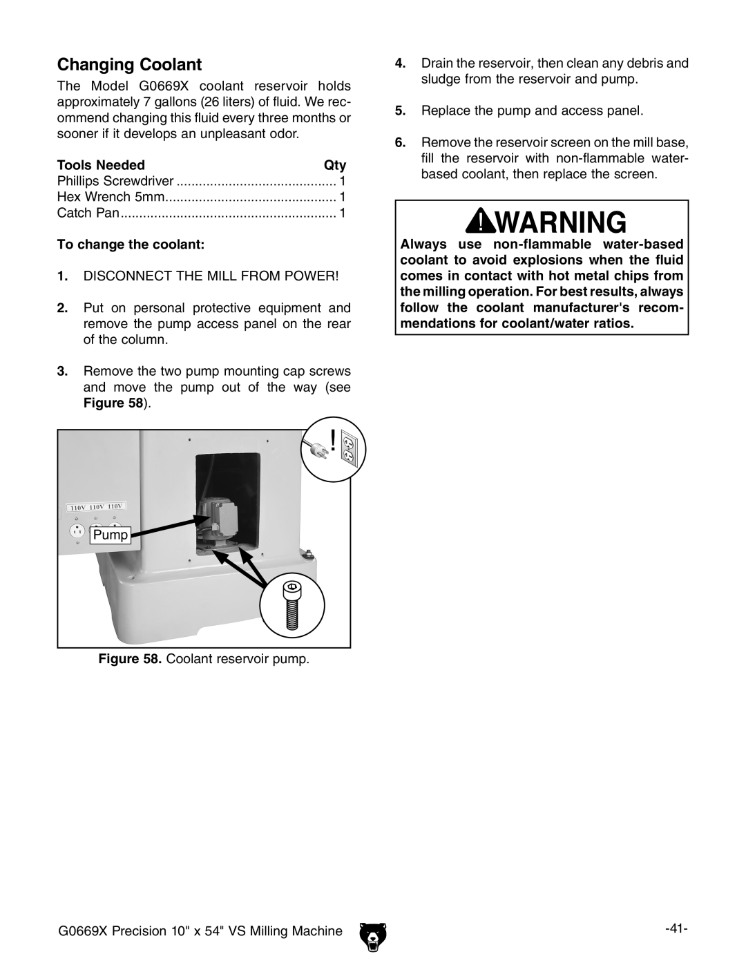 Grizzly g0669X owner manual Changing Coolant, To change the coolant, Tools Needed, Pump 