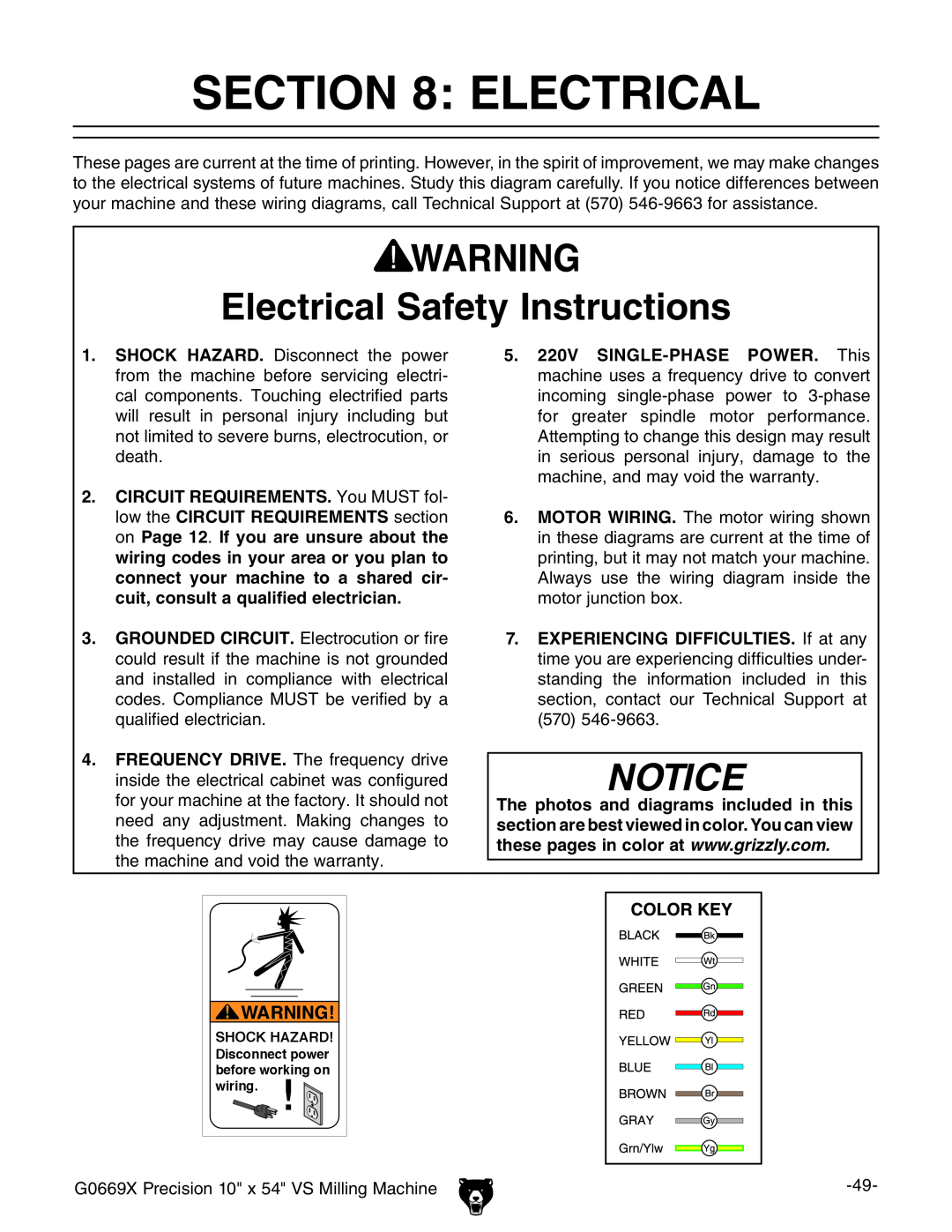 Grizzly g0669X Electrical Safety Instructions, electrical safety, G0669X Precision 10 x 54 VS Milling Machine 