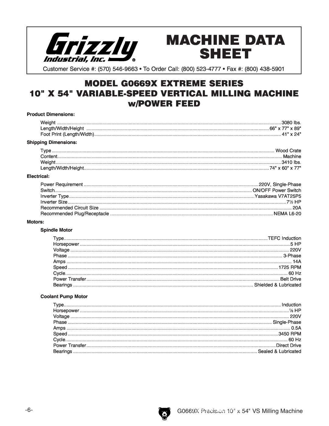 Grizzly g0669X Machine Data Sheet, machine data sheet, MODEL G0669X EXTREME SERIES, Product Dimensions, Electrical 