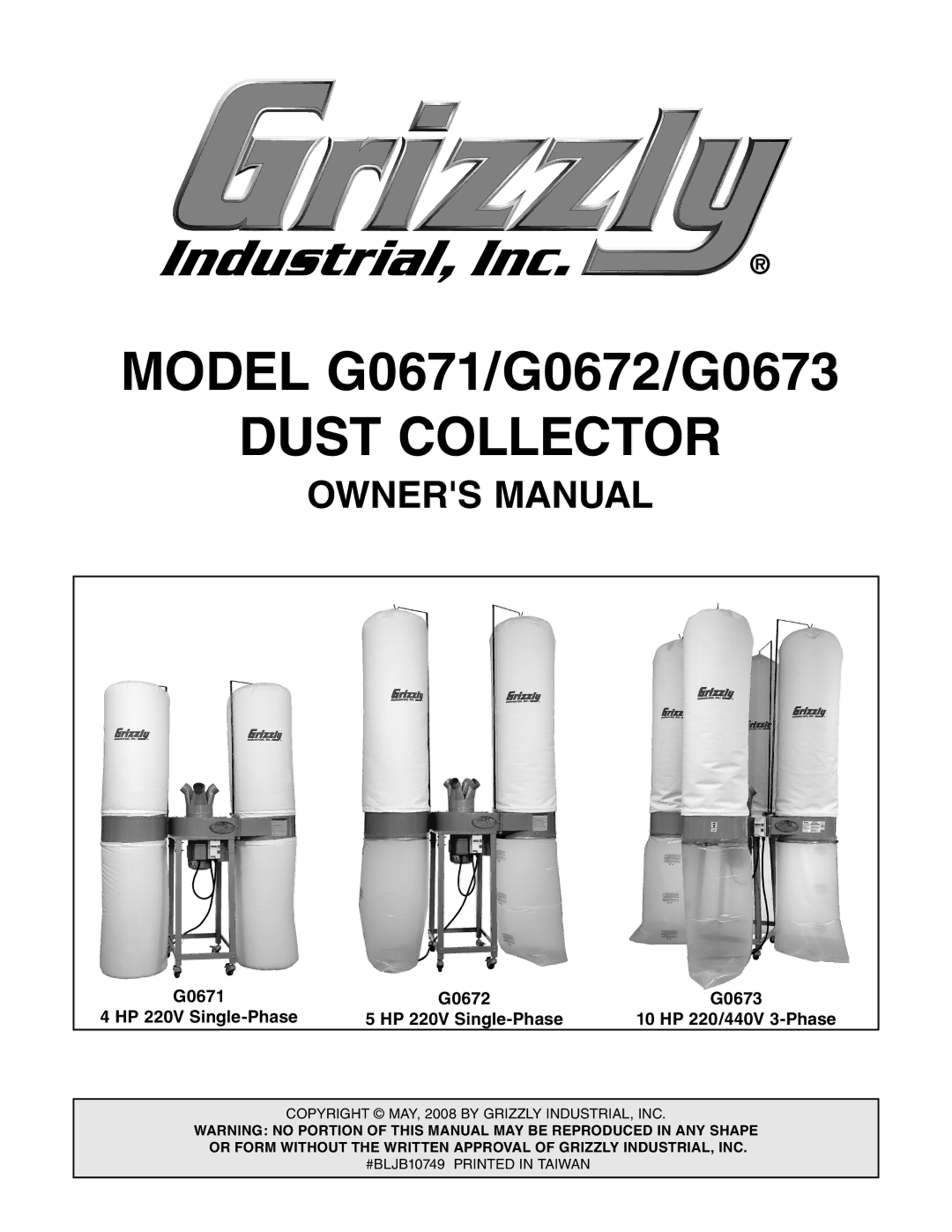 Grizzly G0673, G0671, G0672 owner manual Dust Collector 