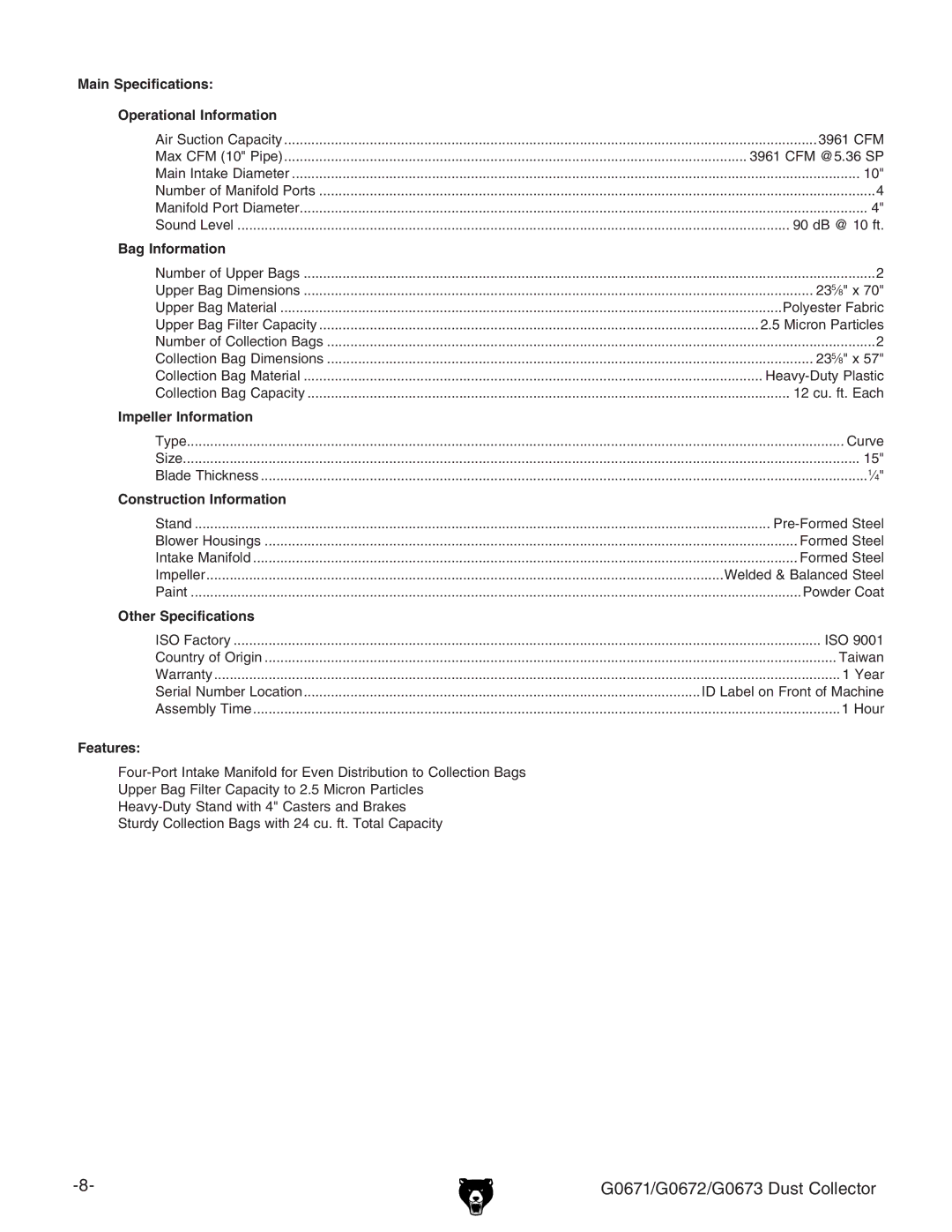 Grizzly G0673, G0671, G0672 owner manual Main Specifications Operational Information 