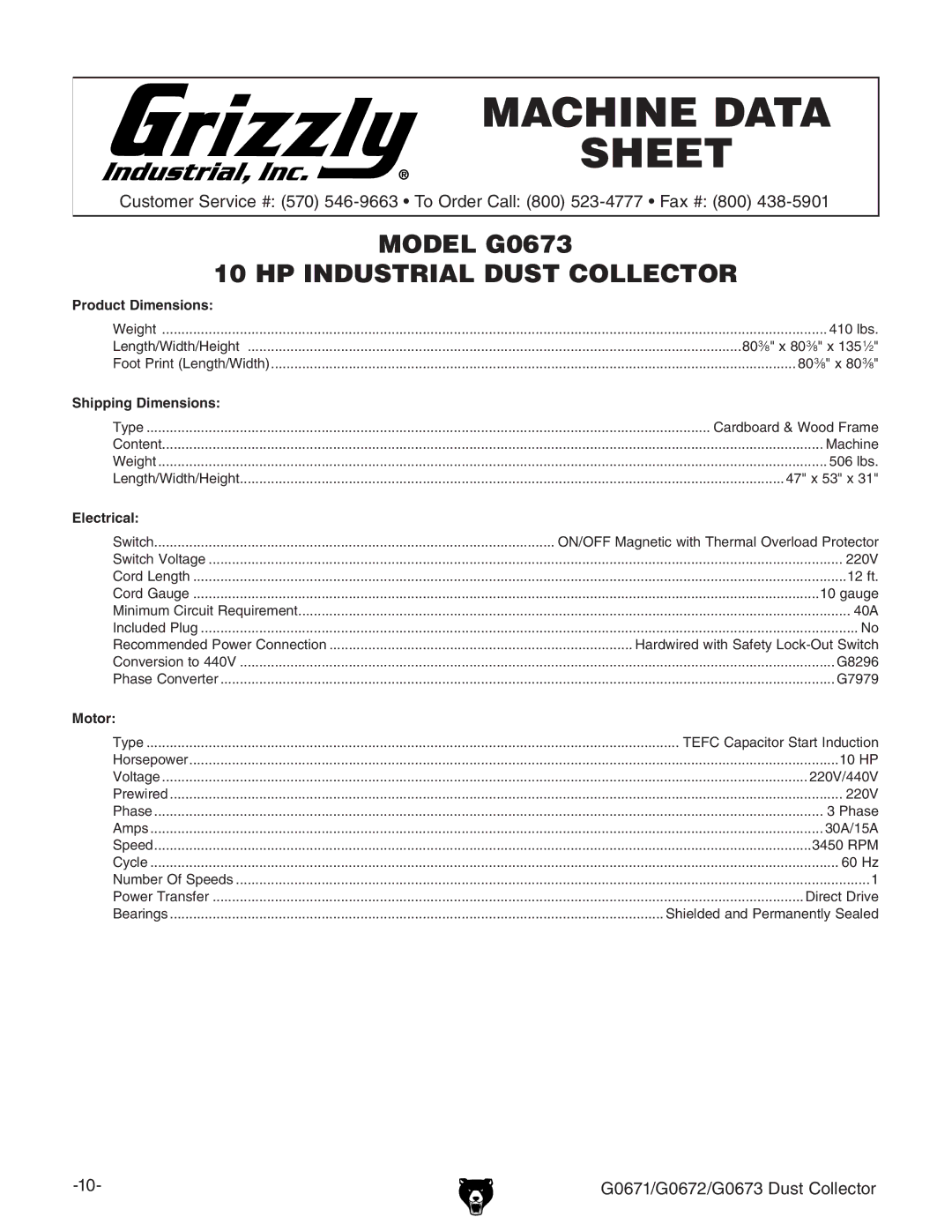 Grizzly G0671, G0672 owner manual Model G0673 HP Industrial Dust Collector 