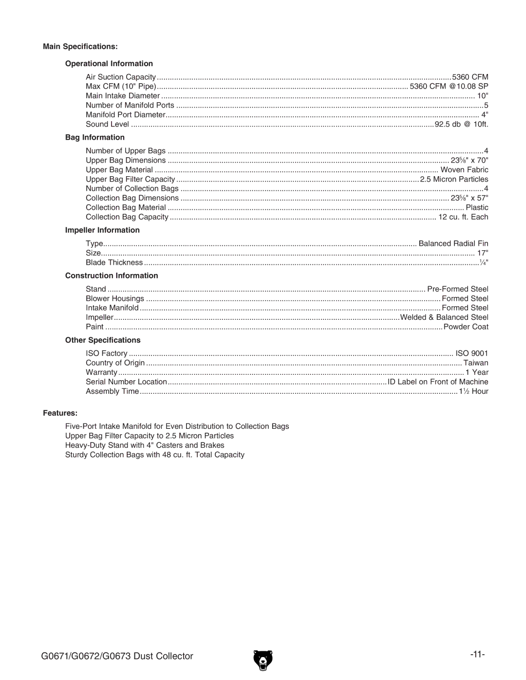 Grizzly G0673, G0671, G0672 owner manual Main Specifications Operational Information 