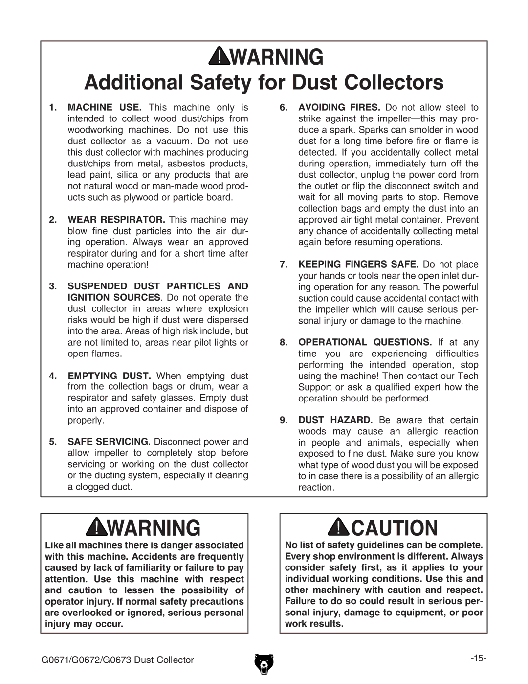 Grizzly G0672, G0671, G0673 owner manual Additional Safety for Dust Collectors 