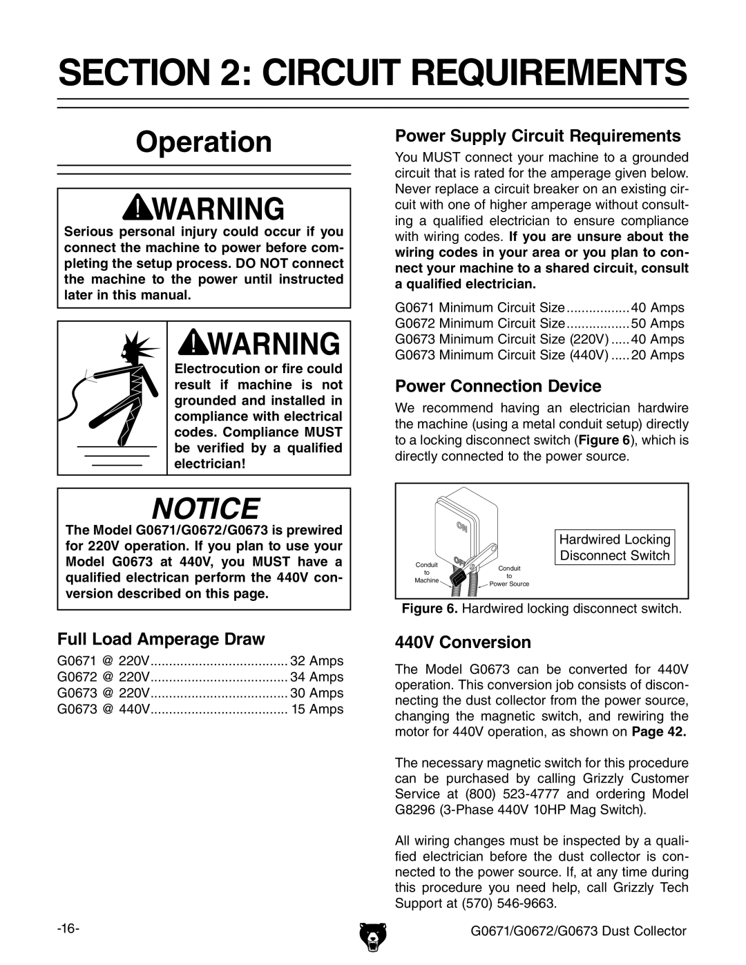 Grizzly G0671, G0673, G0672 owner manual Circuit Requirements, Operation 