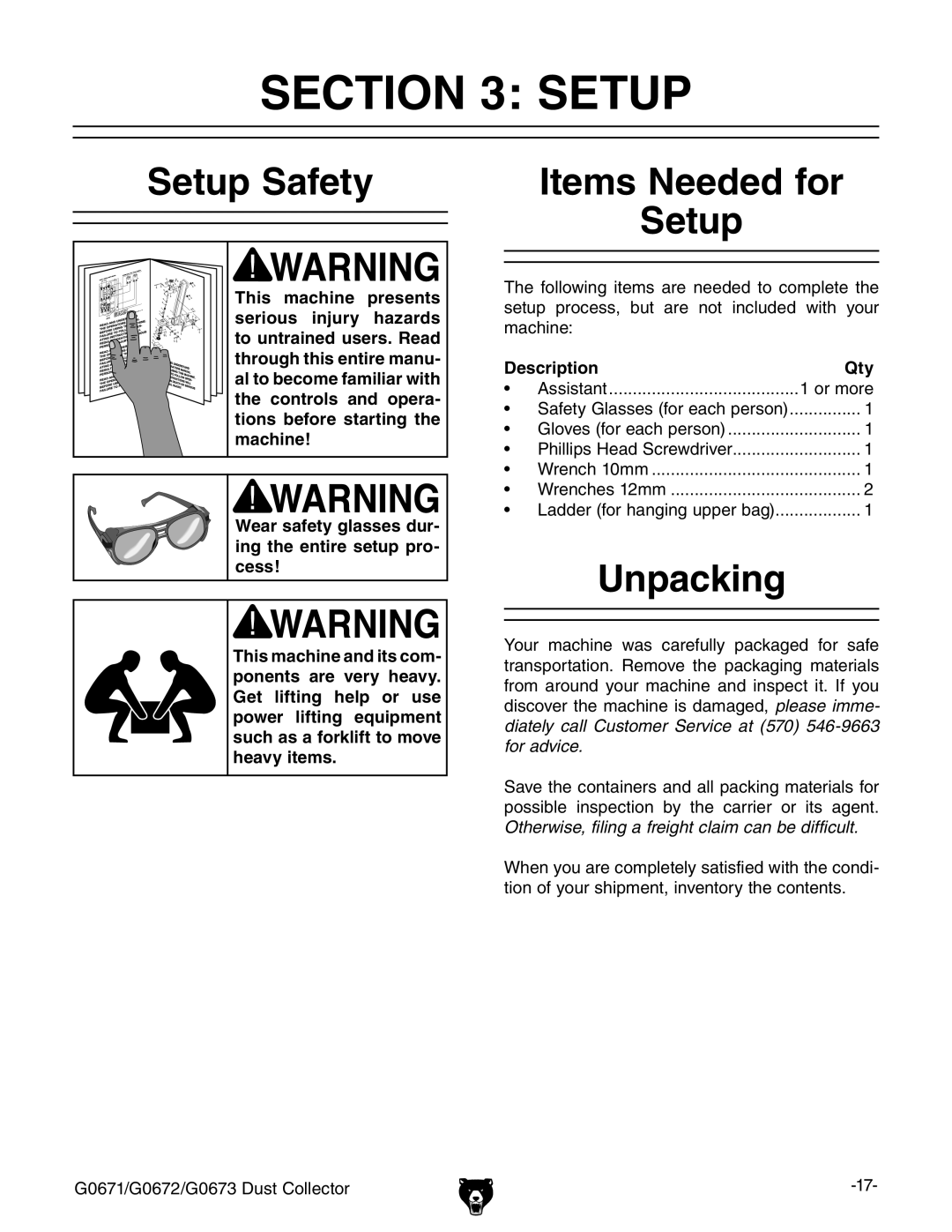 Grizzly G0673, G0671, G0672 owner manual Setup Safety, Items Needed for Setup, Unpacking, Description Qty 