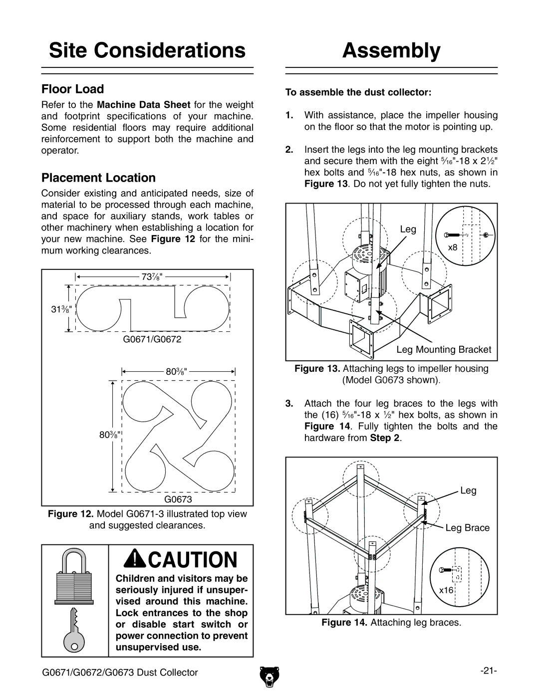 Grizzly G0672, G0671, G0673 Site Considerations, Assembly, Floor Load, Placement Location, To assemble the dust collector 