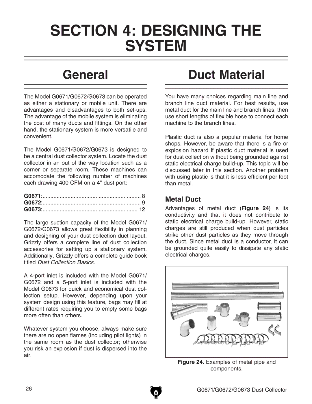 Grizzly G0673, G0671, G0672 owner manual Designing System, General Duct Material, Metal Duct 