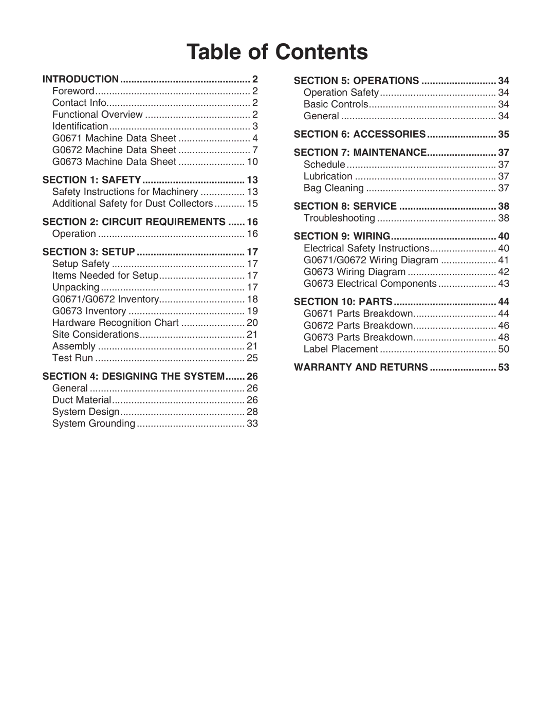 Grizzly G0671, G0673, G0672 owner manual Table of Contents 